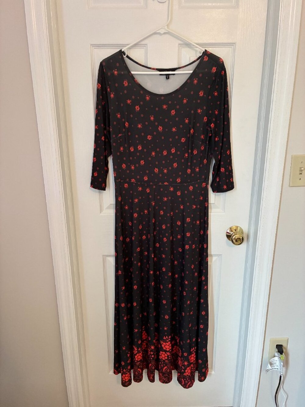 L'Bisse Midi Dress Medium Black Red Floral 3/4 Sleeve Made in USA